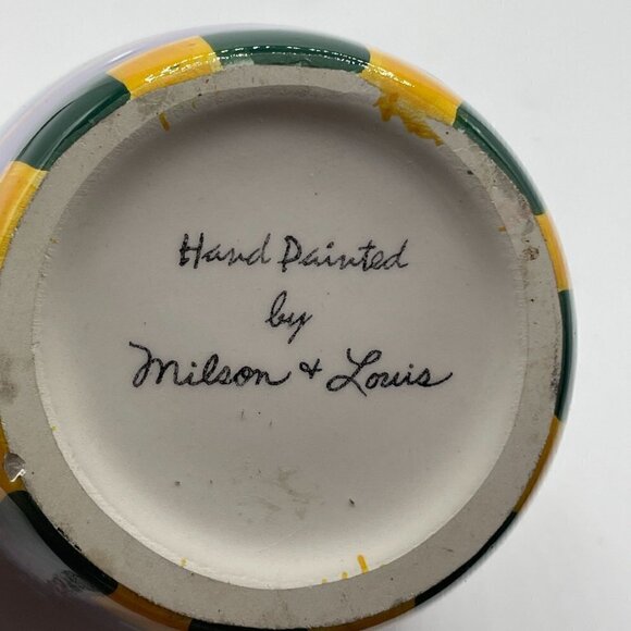 Milson & Louis Hand Painted Flower Vase Cobalt Blue Yellow Flowers Red Rim 6" - Picture 7 of 8